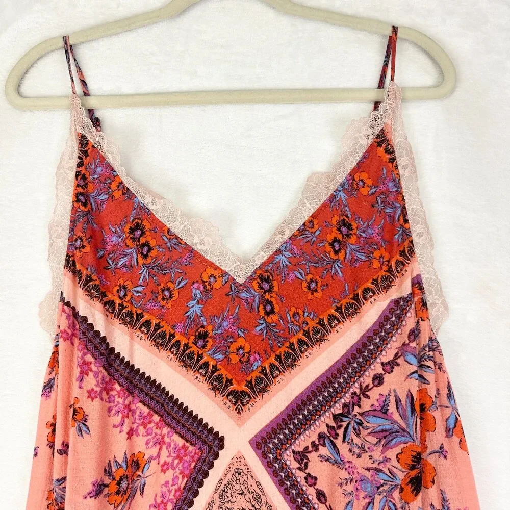 Free People Stevie Printed Maxi Slip Dress Size Large Floral Patchwork Scarf